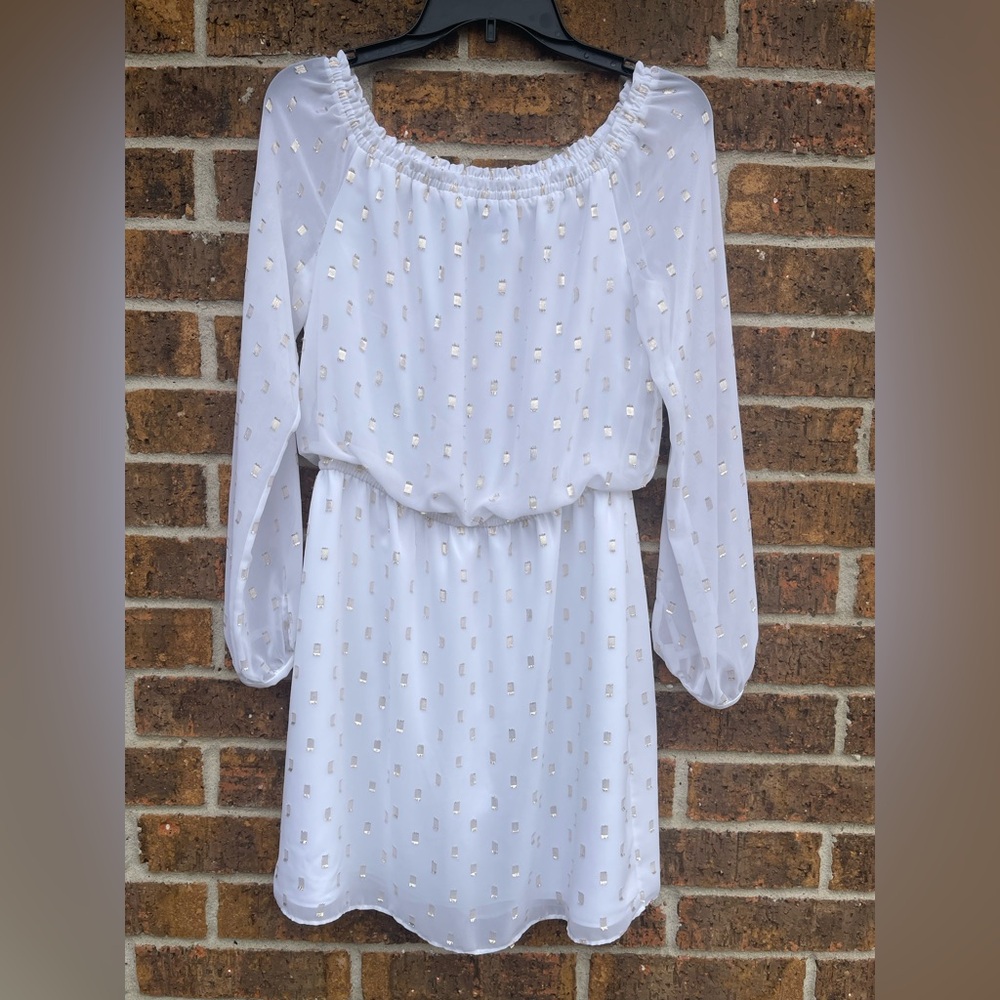 White House Black Market Off Shoulder Long Sleeve Dress Metallic Accents Sz S